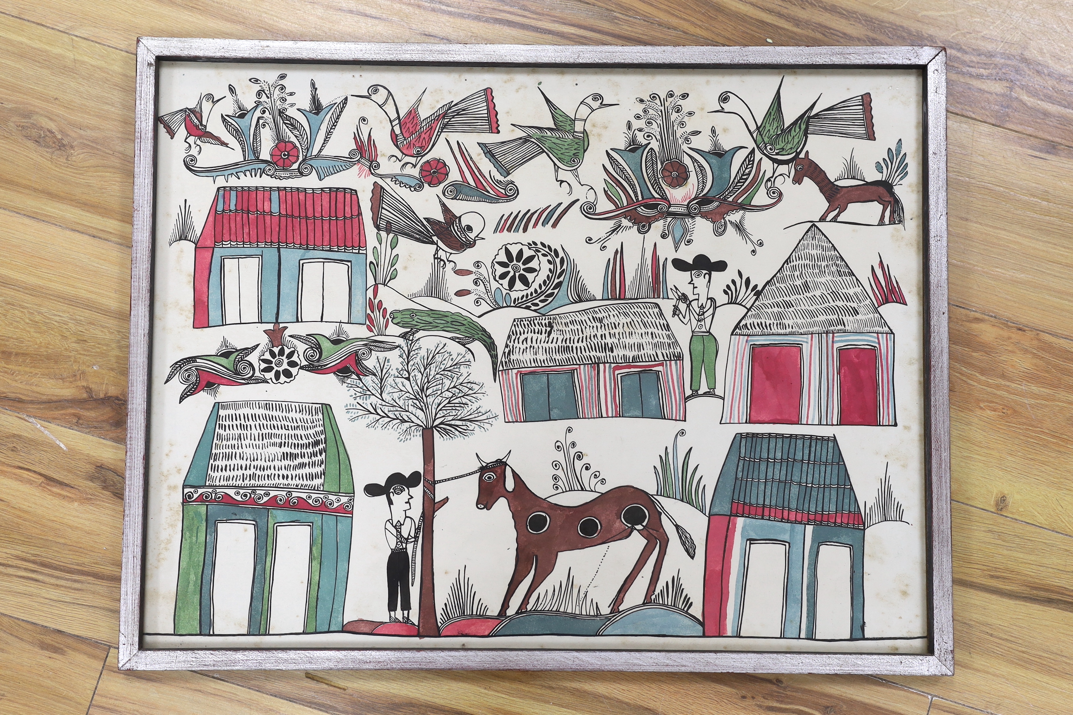 Mexican School, ink and watercolour, Figures and farm animals, Portal Gallery label verso with inscription dating it to 1963, 49 x 64cm